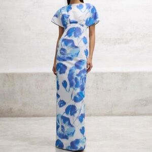 Lela Rose Blue White Blurred Floral Dress 10 Empire Waist Cap Sleeve Gown
